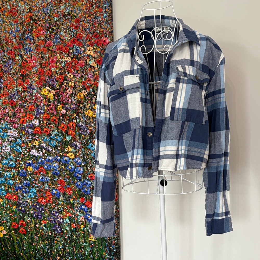 Plaid Blue and White Women's flannel shirt